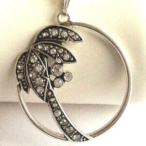 Palm Tree Pendant Necklace Crystal Silver Plated 23" X-Long Chain Coconut Island